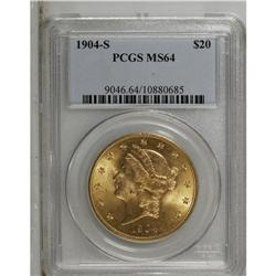 1904-S $20 MS64 PCGS. A highly lustrous yellow-gold pi 