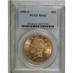 1905-S $20 MS62 PCGS. A highly lustrous yellow-gold pi 