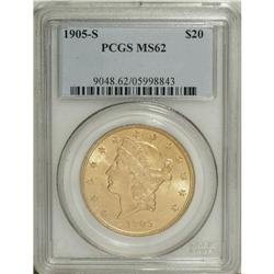 1905-S $20 MS62 PCGS. Nicely struck with strongly lust 