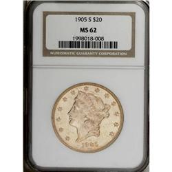 1905-S $20 MS62 NGC. Highly lustrous with a bit of fla 