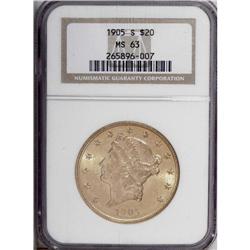 1905-S $20 MS63 NGC. A solidly struck double eagle wit 