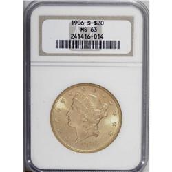 1906-S $20 MS63 NGC. The softly lustrous honey-gold su 
