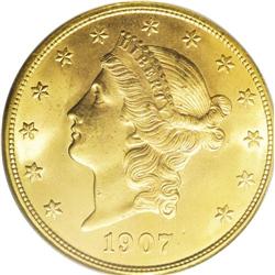 1907-D $20 MS65 PCGS. Brilliant and satiny. A splendid 