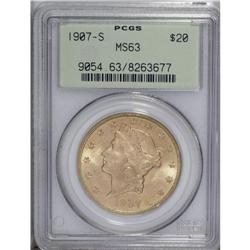 1907-S $20 MS63 PCGS. A highly lustrous yellow-gold pi 