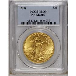 1908 $20 No Motto MS64 PCGS. Long Rays Obverse. A refr 
