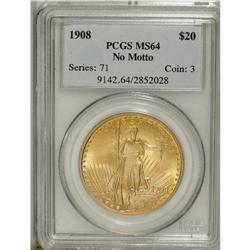1908 $20 No Motto MS64 PCGS. The vivid gold-orange sur 