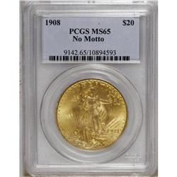 1908 $20 No Motto MS65 PCGS. The butter-yellow surface 