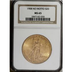 1908 $20 No Motto MS65 NGC. The yellow-orange surfaces 