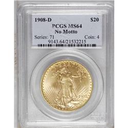 1908-D $20 No Motto MS64 PCGS. Long Rays Obverse. Gene 