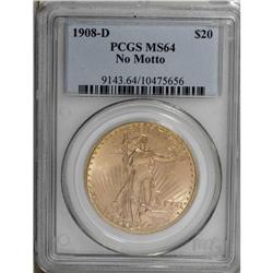 1908-D $20 No Motto MS64 PCGS. Long Rays Obverse. Lime 