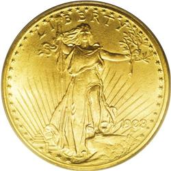 1908 $20 Motto MS65 PCGS. Against the objections of Pr 