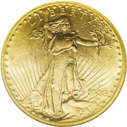 1908-S $20 AU58 NGC. Slight friction on the eagle''s b 