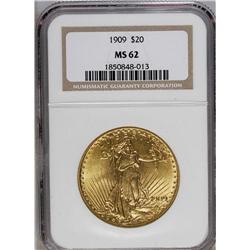 1909 $20 MS62 NGC. A lustrous yellow-orange piece with 
