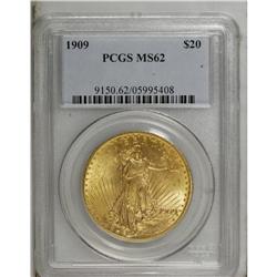 1909 $20 MS62 PCGS. Well struck with orange-tinged yel 