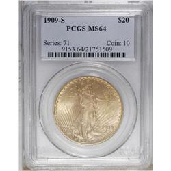 1909-S $20 MS64 PCGS. The amber-gold surfaces have sof 