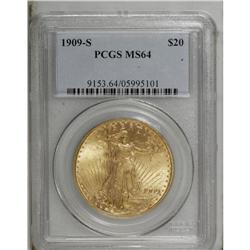 1909-S $20 MS64 PCGS. Choice with strongly lustrous wh 