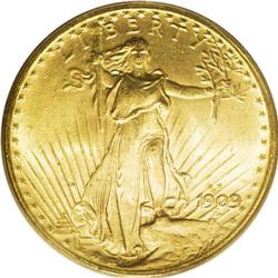 1909-S $20 MS65 PCGS. This early Saint-Gaudens double 