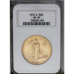 1910-D $20 MS63 NGC. Well struck, with lustrous peach- 