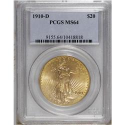 1910-D $20 MS64 PCGS. A solidly struck yellow-gold nea 