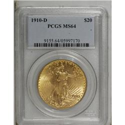 1910-D $20 MS64 PCGS. Rich yellow-gold surfaces pale s 