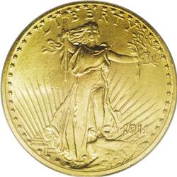 1911 $20 MS64 PCGS. A lustrous green-gold representati 