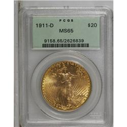 1911-D $20 MS65 PCGS. The amber-gold surfaces have lib 