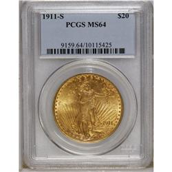 1911-S $20 MS64 PCGS. A few obverse ticks keeps this s 