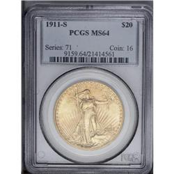 1911-S $20 MS64 PCGS. Highly lustrous with well-define 