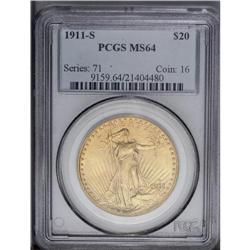 1911-S $20 MS64 PCGS. A nicely struck yellow-gold piec 