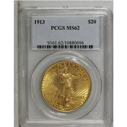 1913 $20 MS62 PCGS. A lustrous yellow-orange piece tha 