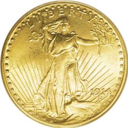 1914 $20 MS63 PCGS. The subtly lustrous honey-gold sur 
