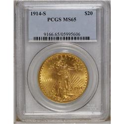 1914-S $20 MS65 PCGS. Solidly struck with strong, plea 