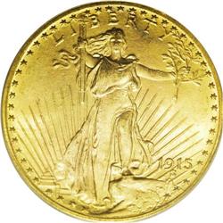 1915 $20 MS64 PCGS. An original near-Gem with rich pea 