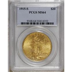 1915-S $20 MS64 PCGS. A solidly struck yellow-gold exa 