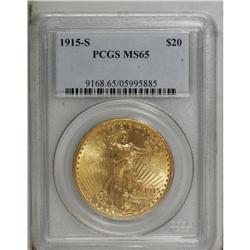 1915-S $20 MS65 PCGS. A solidly struck piece that has 