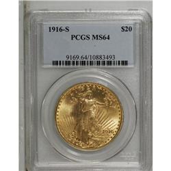 1916-S $20 MS64 PCGS. A highly lustrous and slightly f 