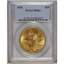 1920 $20 MS63 PCGS. Boldly struck with soft, frosty lu 