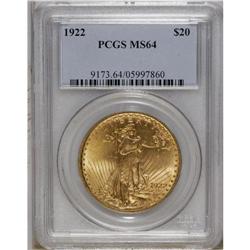 1922 $20 MS64 PCGS. This crisply struck wheat-gold pie 