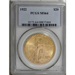 1922 $20 MS64 PCGS. Peach-gold coloration reveals subt 