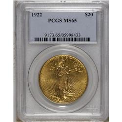 1922 $20 MS65 PCGS. This highly lustrous yellow-gold G 
