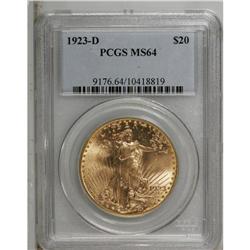 1923-D $20 MS64 PCGS. A solidly struck wheat-gold piec 