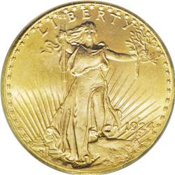 1924-D $20 MS64 PCGS. Most of the 1924-D double eagle 