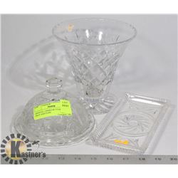 CRYSTAL LIDDED BUTTER DISH TRAY AND VASE