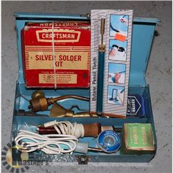 2 SOLDERING IRONS, ACID & RESIN CORE SOLDER, &