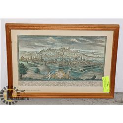 ANTIQUE FRAMED GERMAN WOODCUT OF PRAGUE