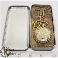 TRAIN THEMED POCKET WATCH NEW IN TIN