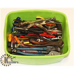 GREEN TUB FILLED WITH ASSORTED OLD TOOLS