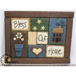 FOLK ART BLESS OUR HOME,HANDMADE .WOOD 17X131/2