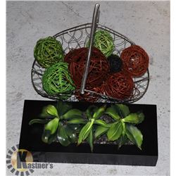 WIRE DESIGN BASKET +TWIG BALLS,WOOD PLANTER BOX