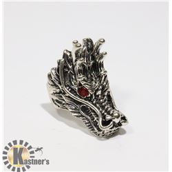 MENS HEAVY SILVERSTEEL DRAGON HEAD BIKER RING